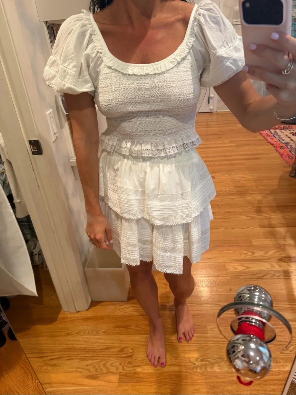 LoveShackFancy White Smocked Lace-Trim Puff Sleeve Crop Top